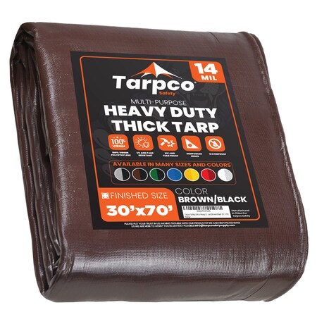 Heavy Duty Tarp, 70 ft L x 0.5 mm H x 30 ft W, 14 Mil, Brown/Black, Polyethylene